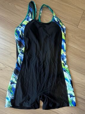 Charmo Boyleg Black Swim Fit One-Piece Tummy Control Blue-Green Side Panels XL